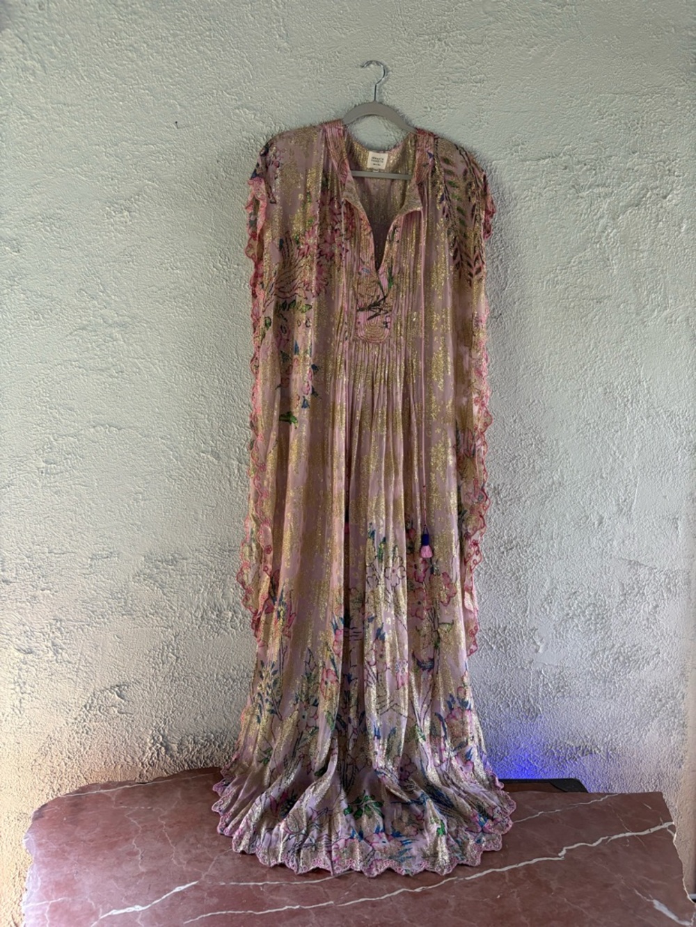 Hemant & Nandita Sheer Pink Floral Maxi Dress with Gold Accents - Picture 2 of 9
